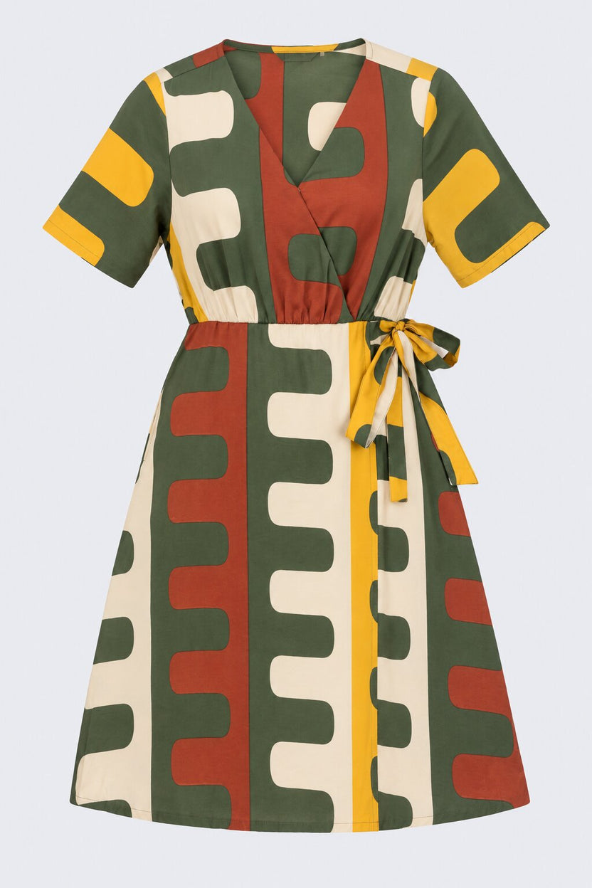 Womens Olive Abstract Print Wrap Tie Dress - Image 7