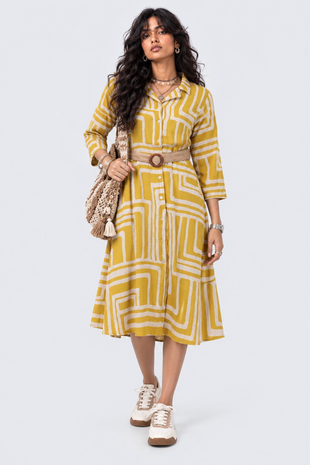 Womens Yellow Geometric Print Belted Shirt Dress - Image 1