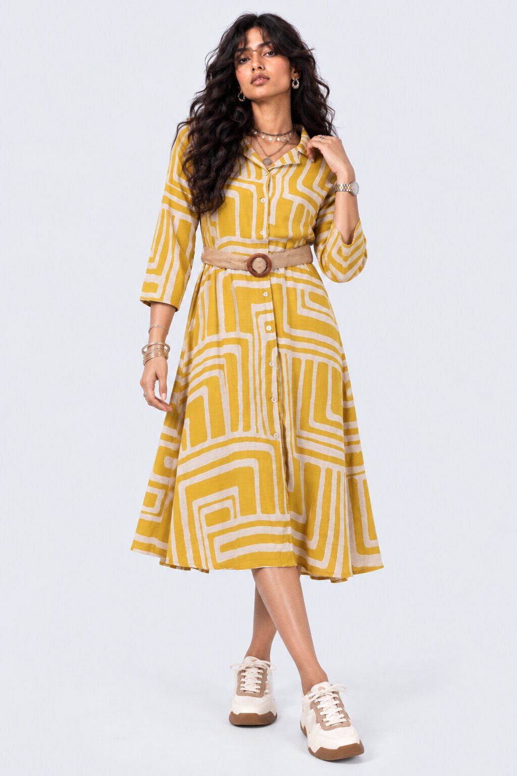 Womens Yellow Geometric Print Belted Shirt Dress - Image 2