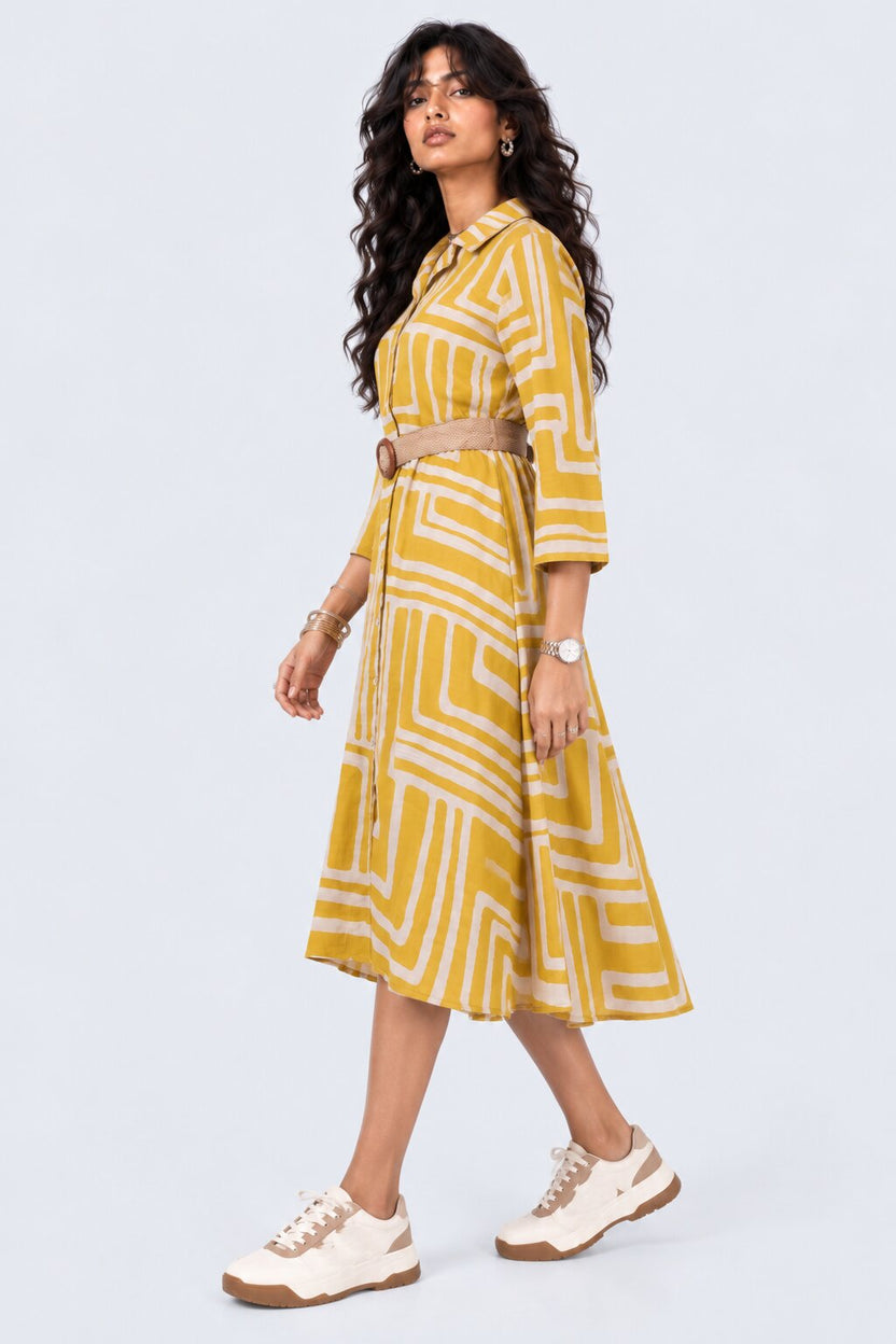 Womens Yellow Geometric Print Belted Shirt Dress - Image 4
