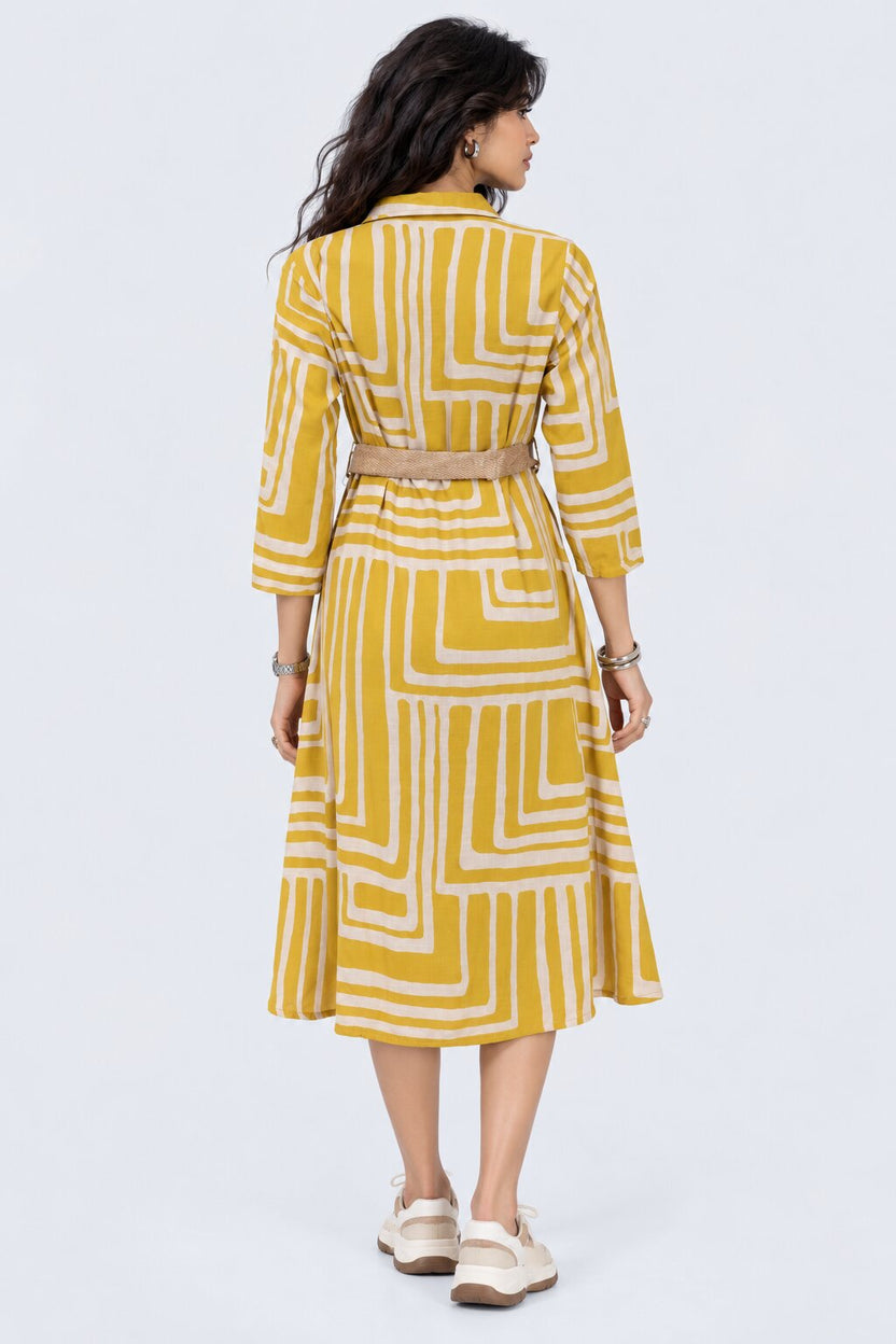 Womens Yellow Geometric Print Belted Shirt Dress - Image 5