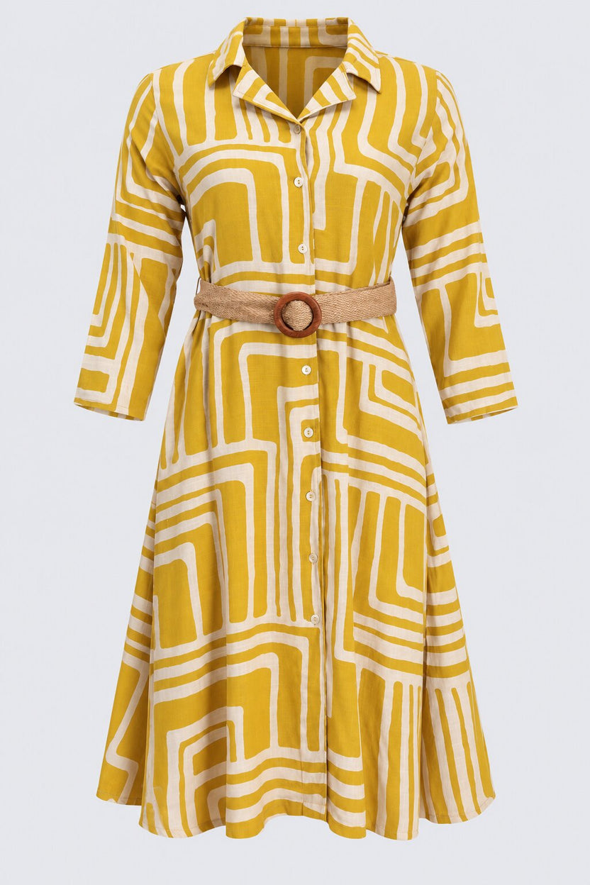 Womens Yellow Geometric Print Belted Shirt Dress - Image 7