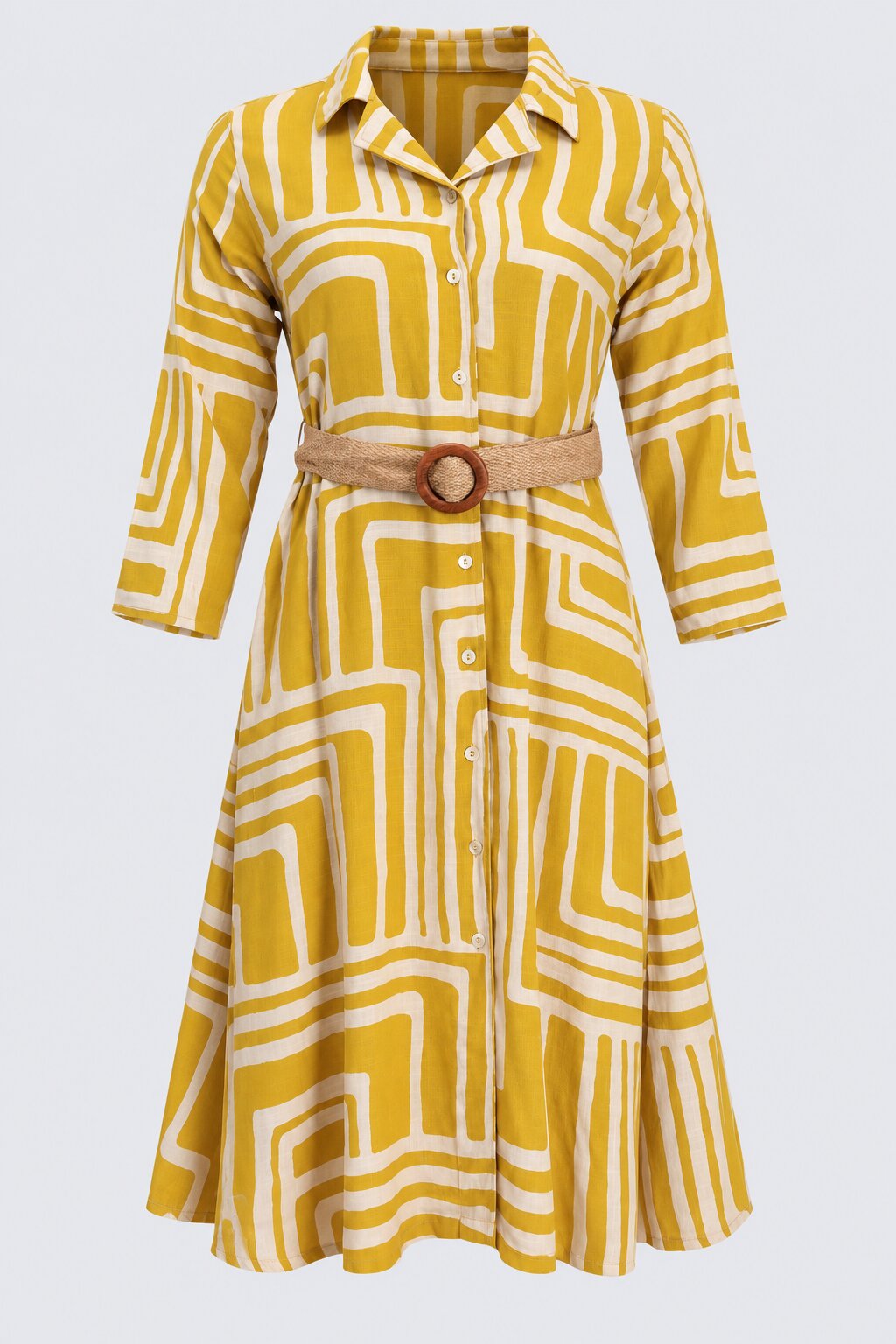 Womens Yellow Geometric Print Belted Shirt Dress - Image 7