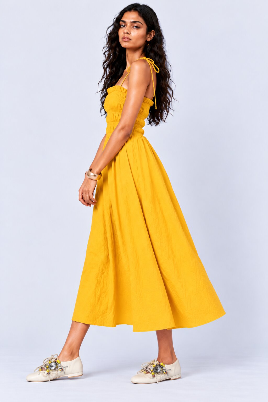 Yellow Smocked Bodice Strappy Midi Dress - Image 1
