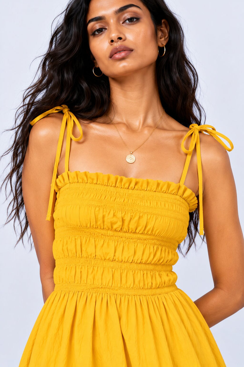 Yellow Smocked Bodice Strappy Midi Dress - Image 2