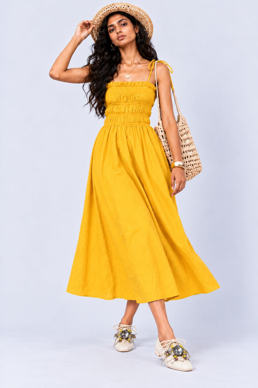 Yellow Smocked Bodice Strappy Midi Dress - Image 3