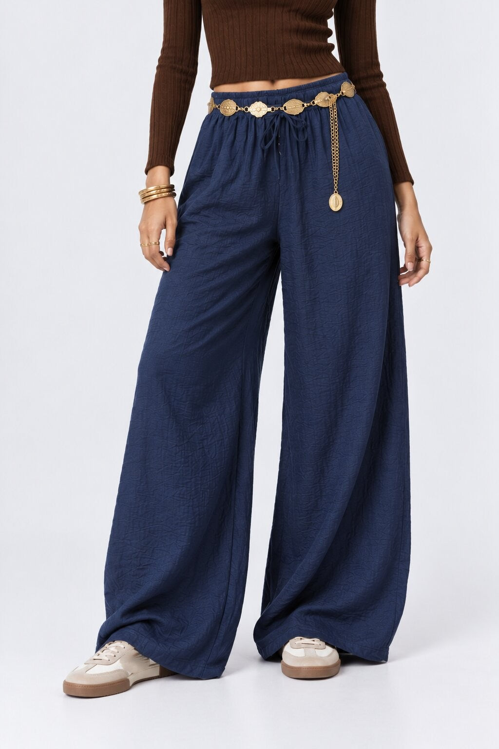 Navy Textured Wide Leg Pant - Image 1