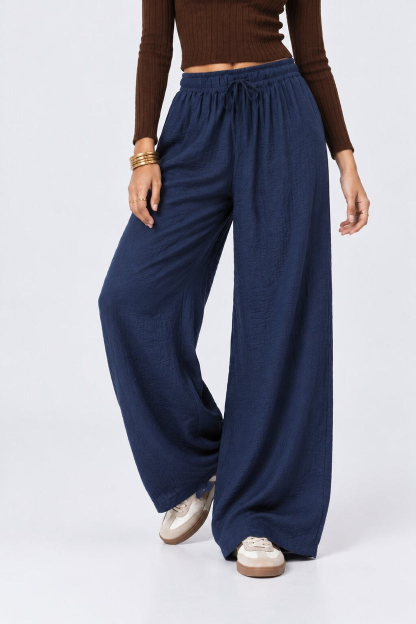 Navy Textured Wide Leg Pant - Image 2
