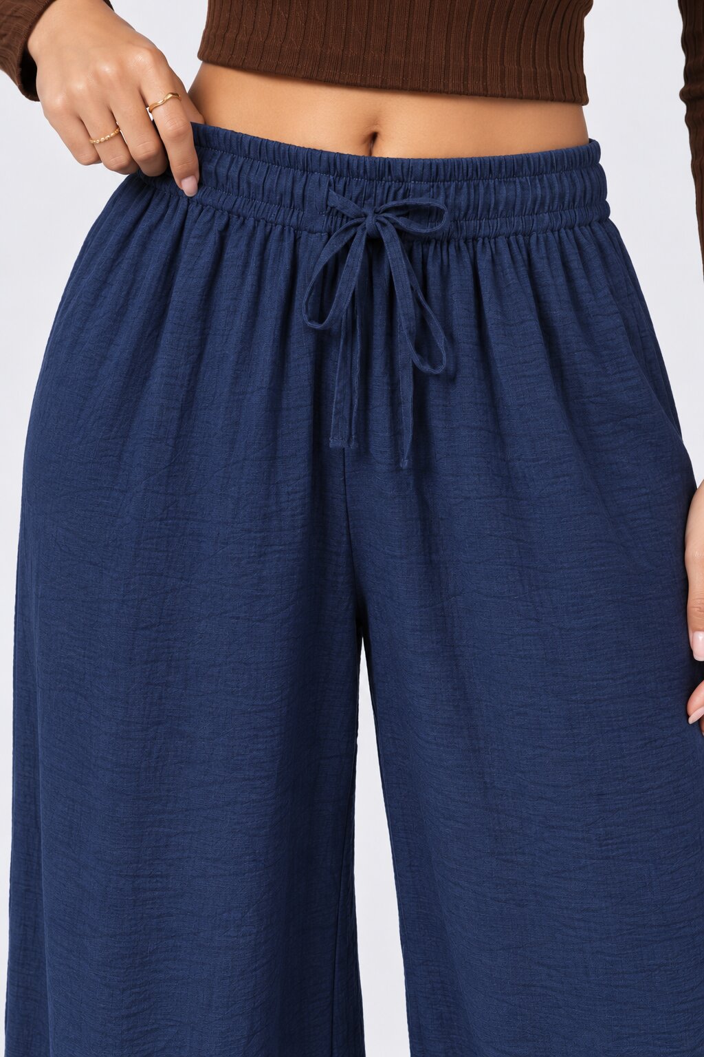 Navy Textured Wide Leg Pant - Image 3