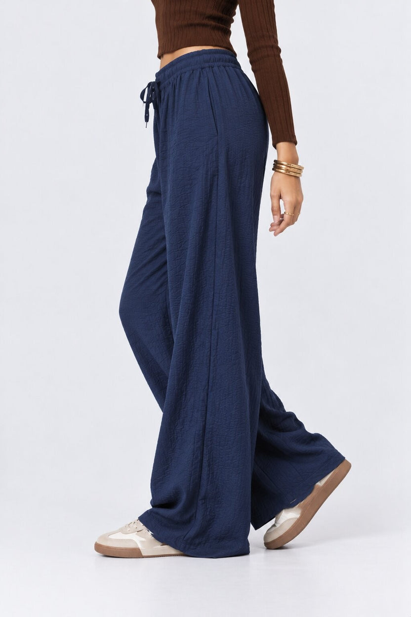 Navy Textured Wide Leg Pant - Image 4