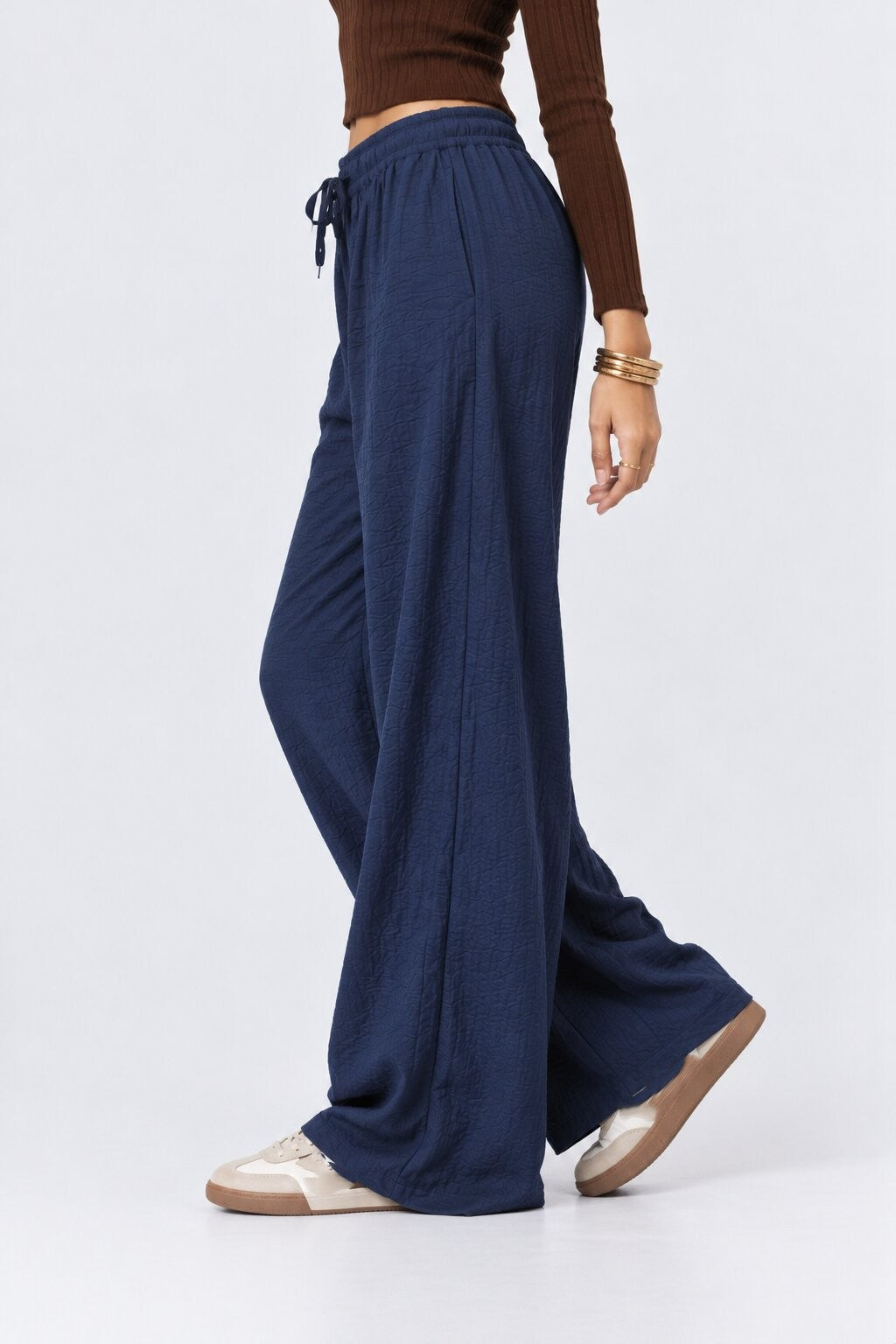 Navy Textured Wide Leg Pant - Image 4