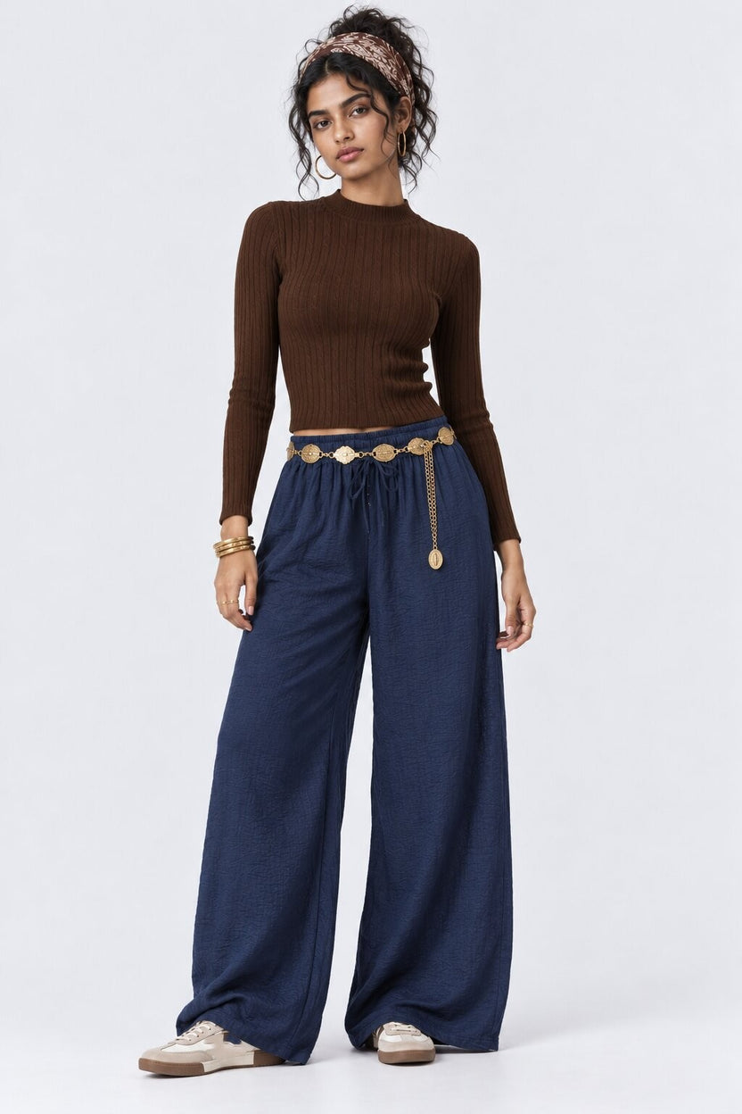 Navy Textured Wide Leg Pant - Image 6
