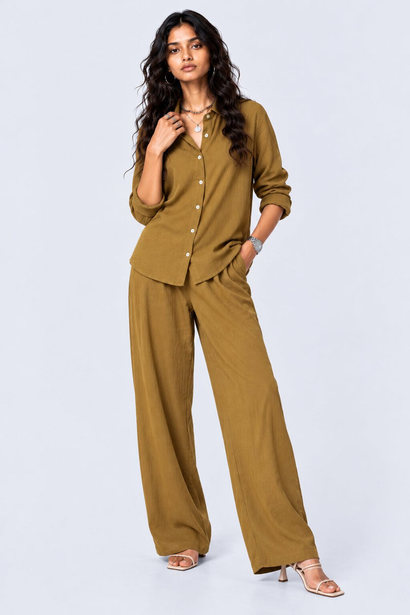 Olive Textured Shirt And Wide-Leg Co-Ord - Image 2