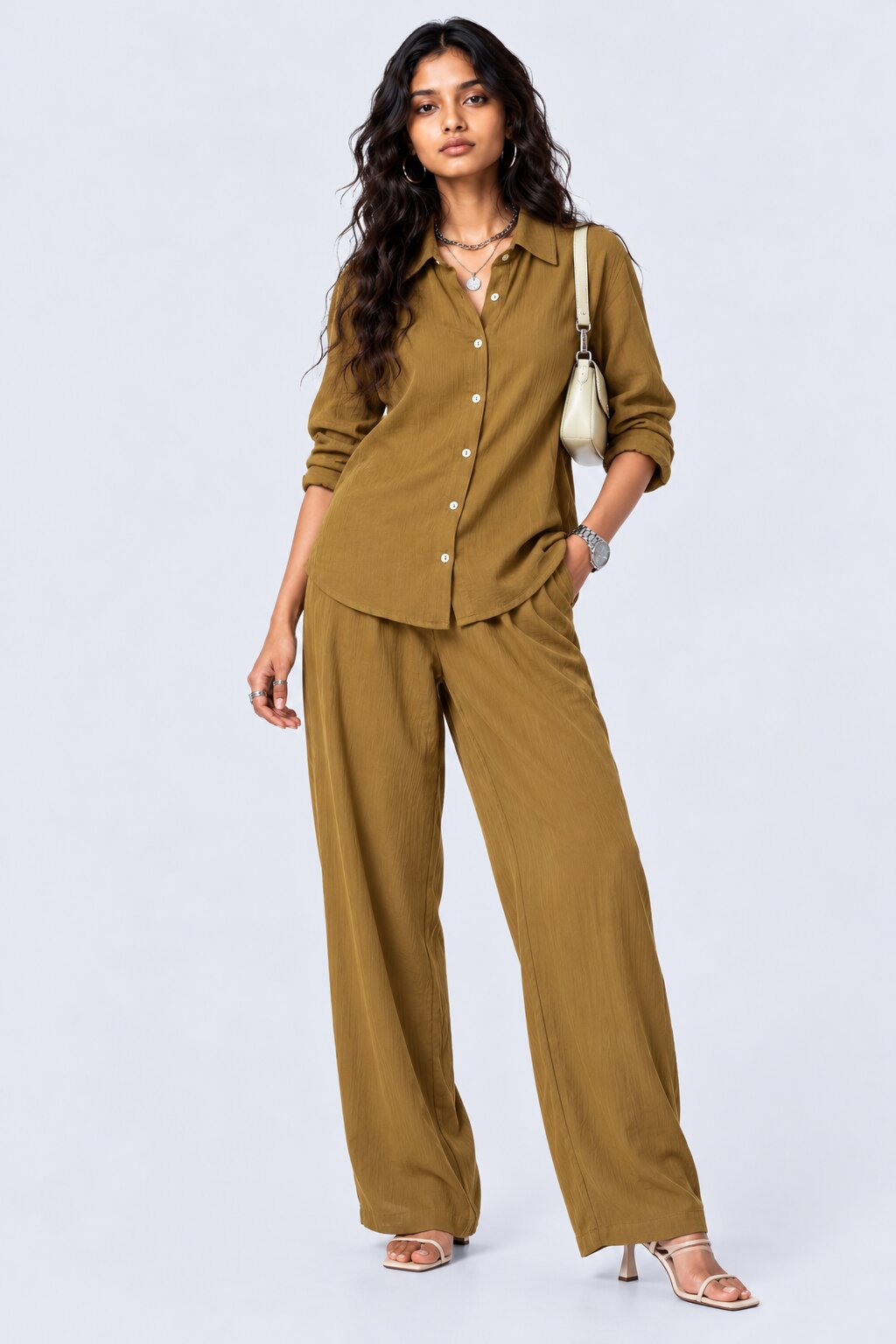 Olive Textured Shirt And Wide-Leg Co-Ord - Image 6