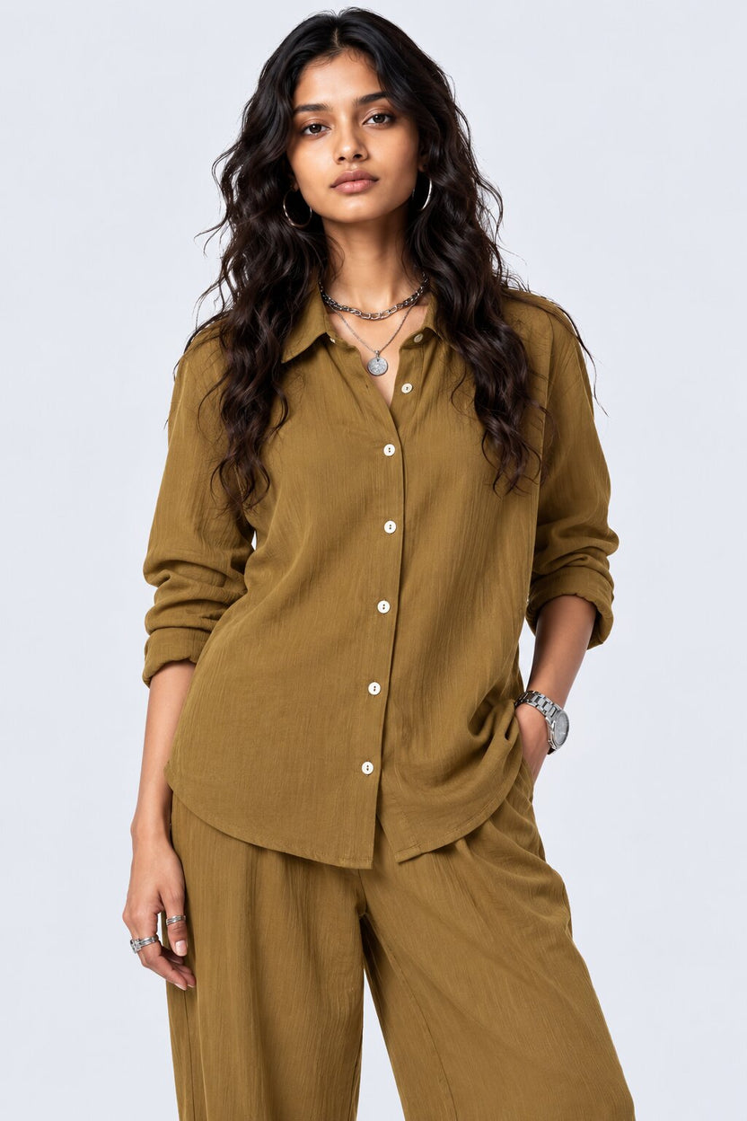 Olive Textured Shirt And Wide-Leg Co-Ord - Image 9
