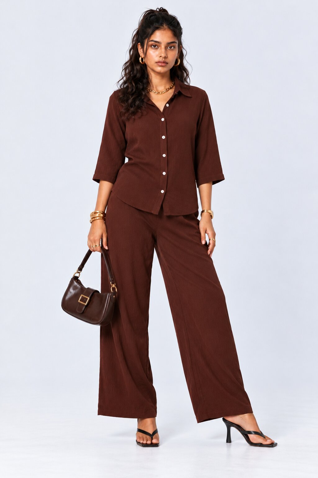 Brown Textured Shirt And Wide-Leg Co-Ord - Image 1