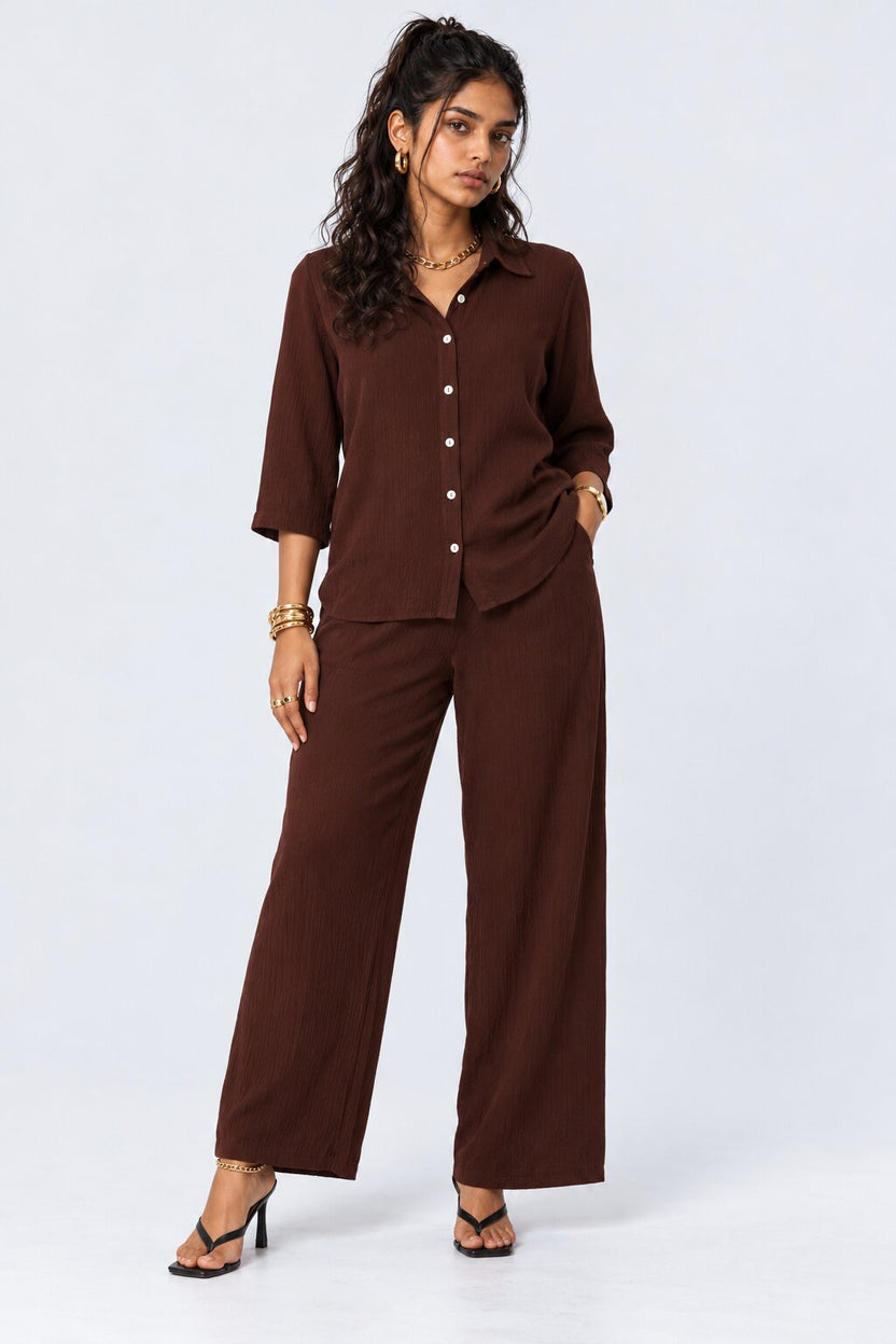 Brown Textured Shirt And Wide-Leg Co-Ord - Image 2