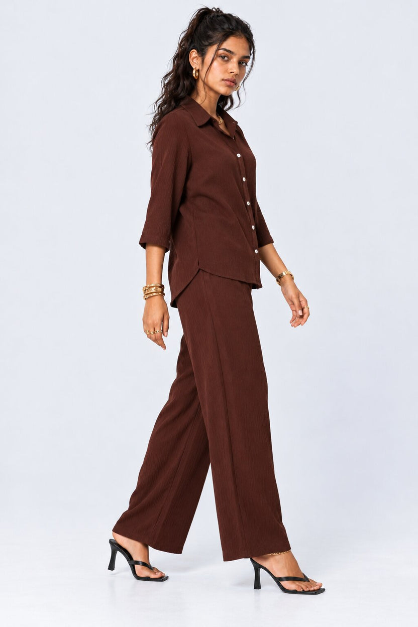 Brown Textured Shirt And Wide-Leg Co-Ord - Image 4