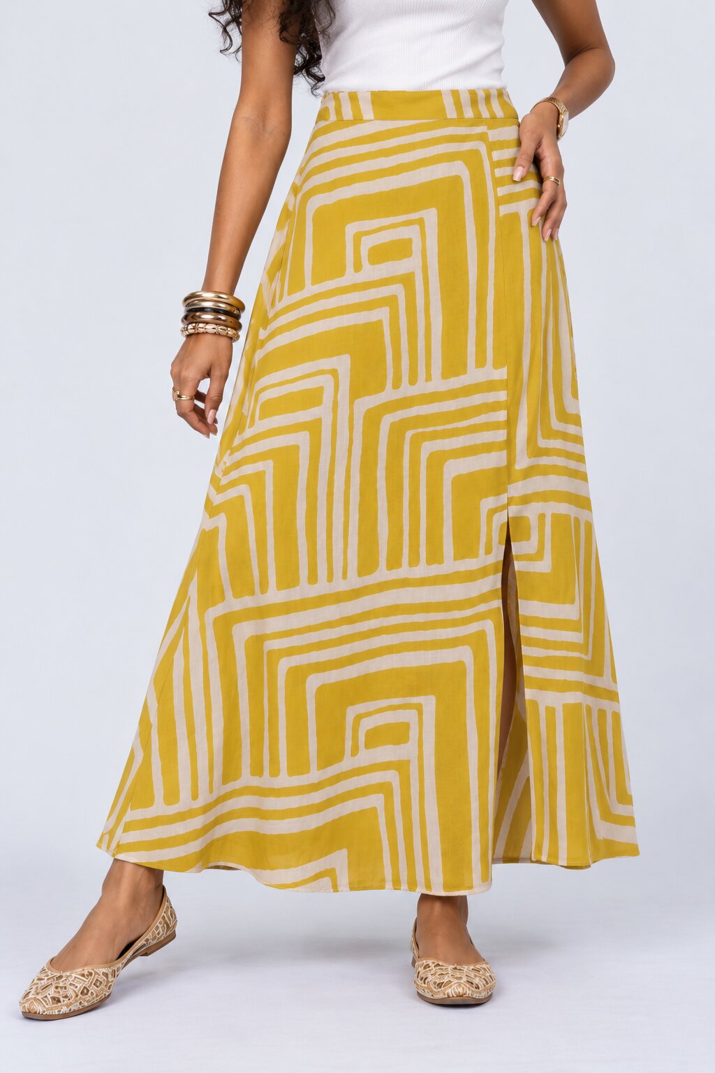 Womens Yellow Geometric Print Side Slit Maxi Skirt - Image 1