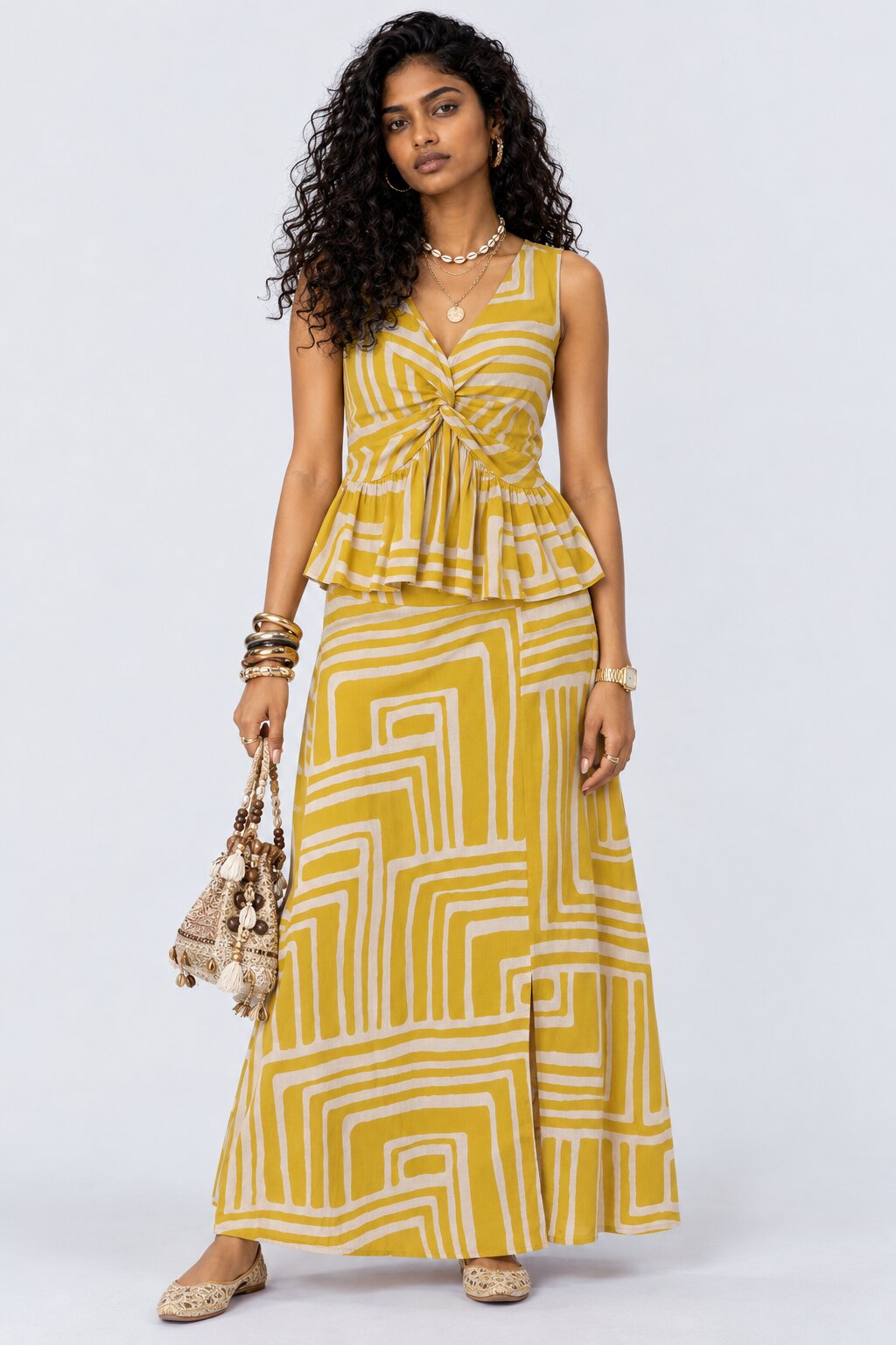 Womens Yellow Geometric Print Side Slit Maxi Skirt - Image 5