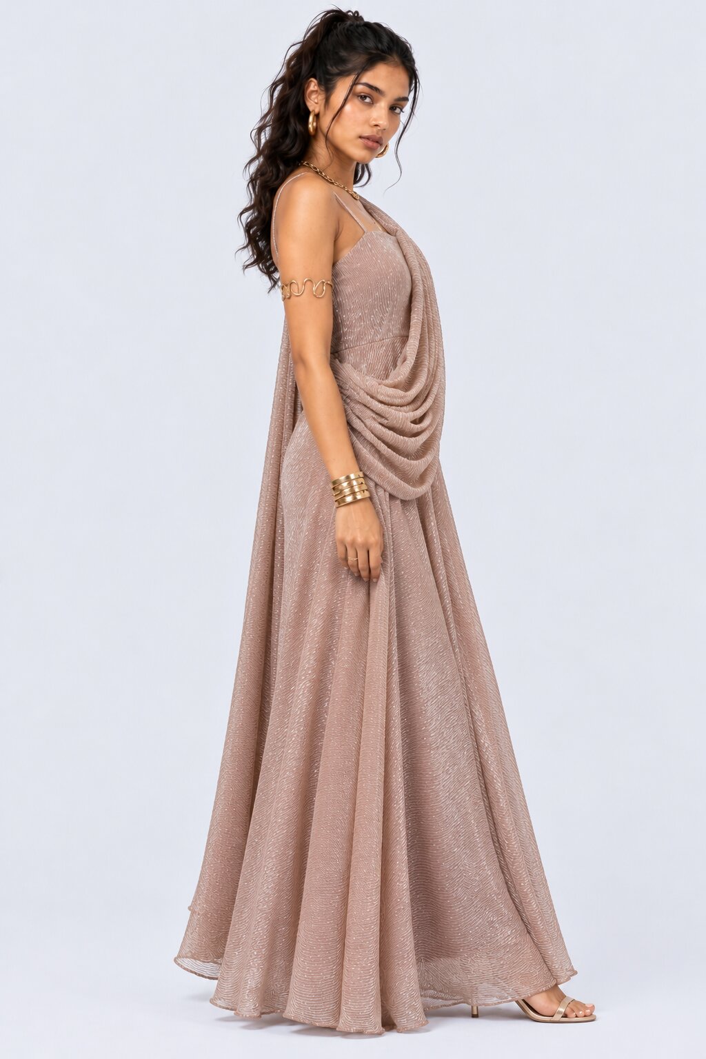 Beige Shimmer Draped Maxi Evening Dress - Image 1