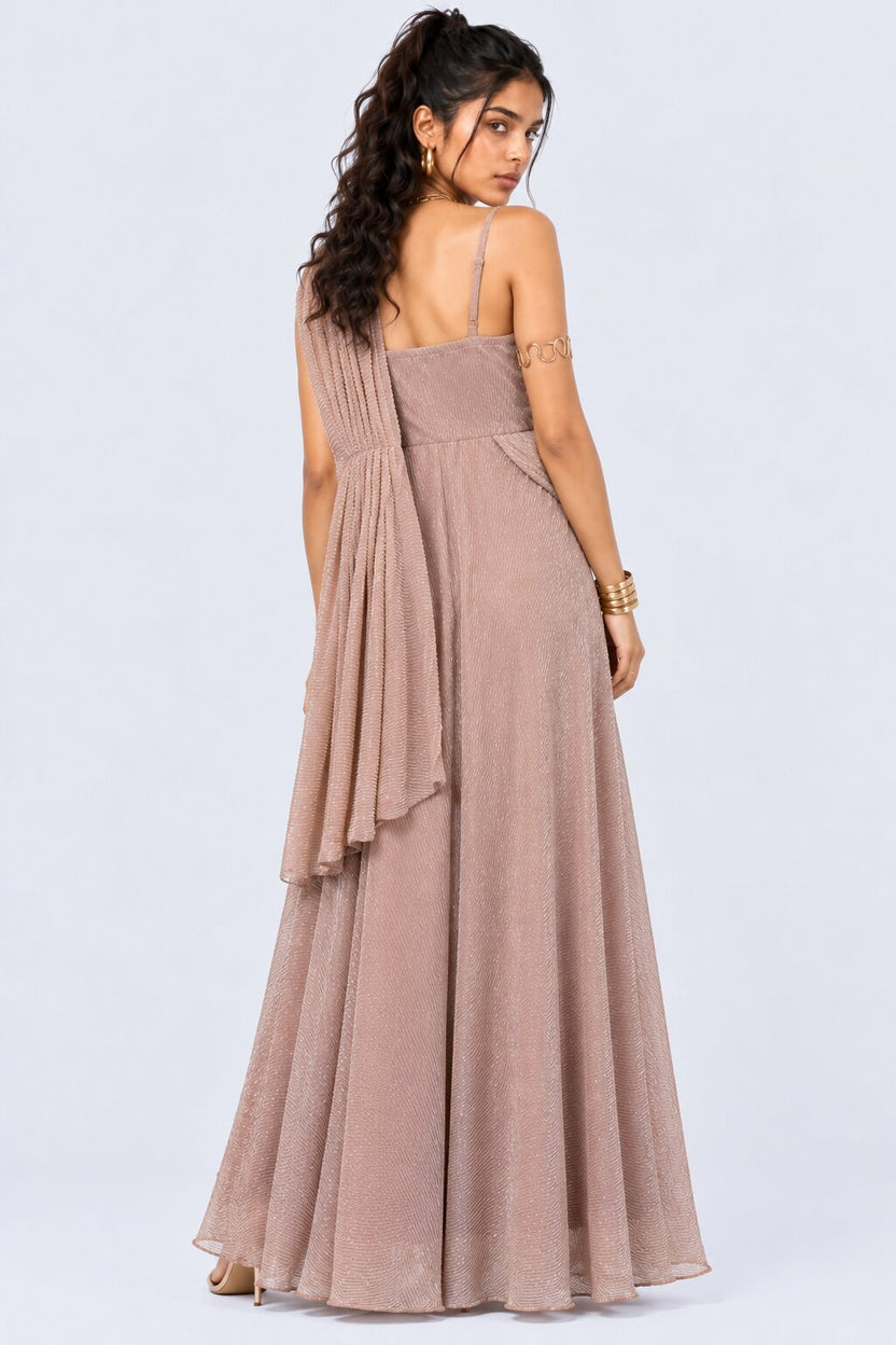 Beige Shimmer Draped Maxi Evening Dress - Image 2