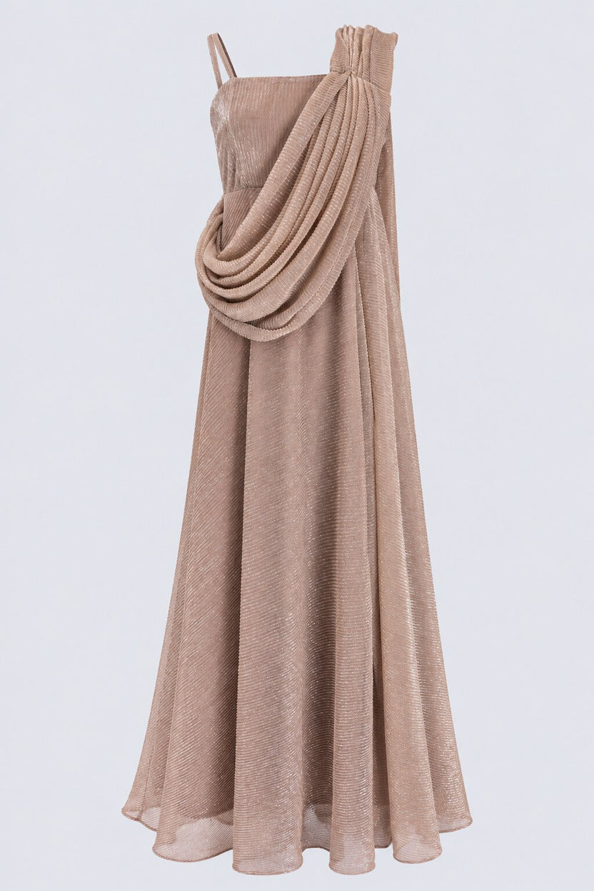 Beige Shimmer Draped Maxi Evening Dress - Image 4