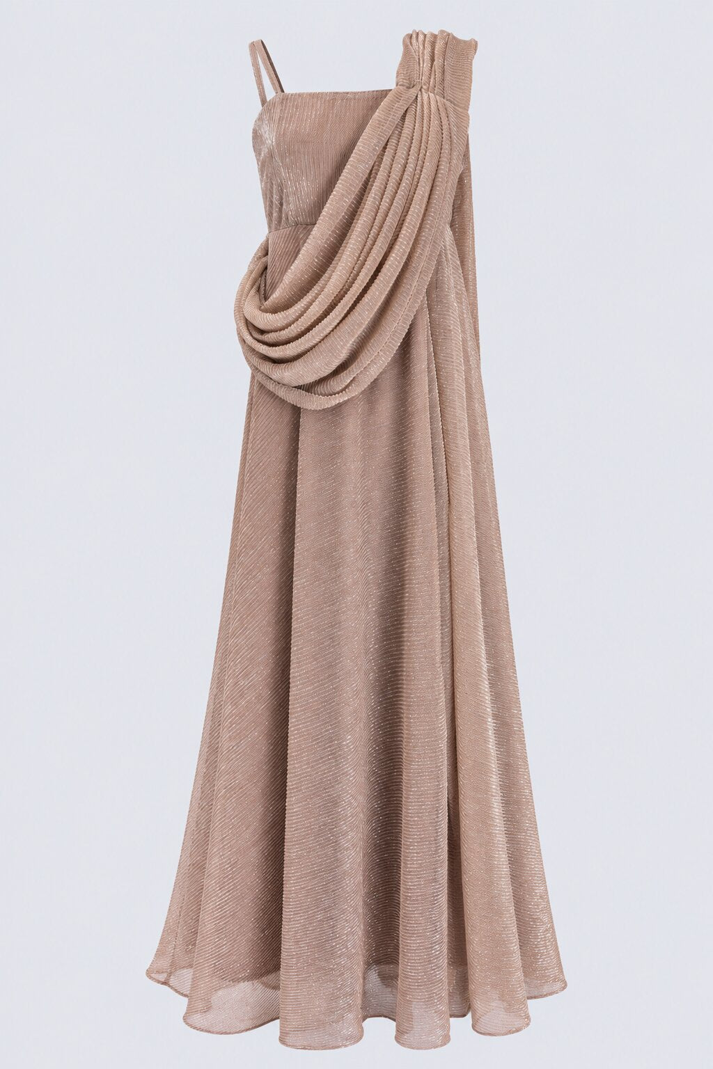 Beige Shimmer Draped Maxi Evening Dress - Image 4
