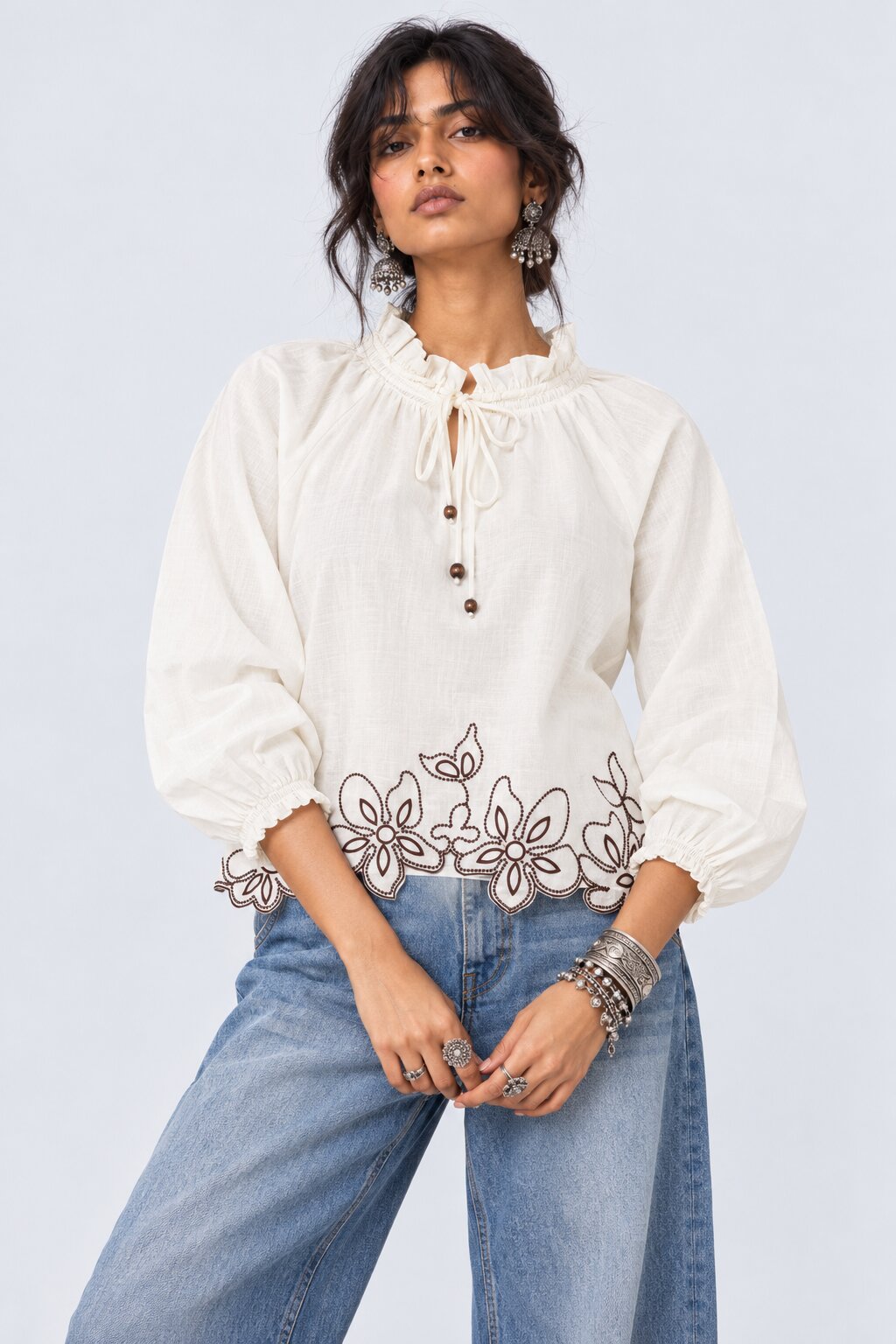 White Floral Embroidered Ruffle Neck Top - Image 2