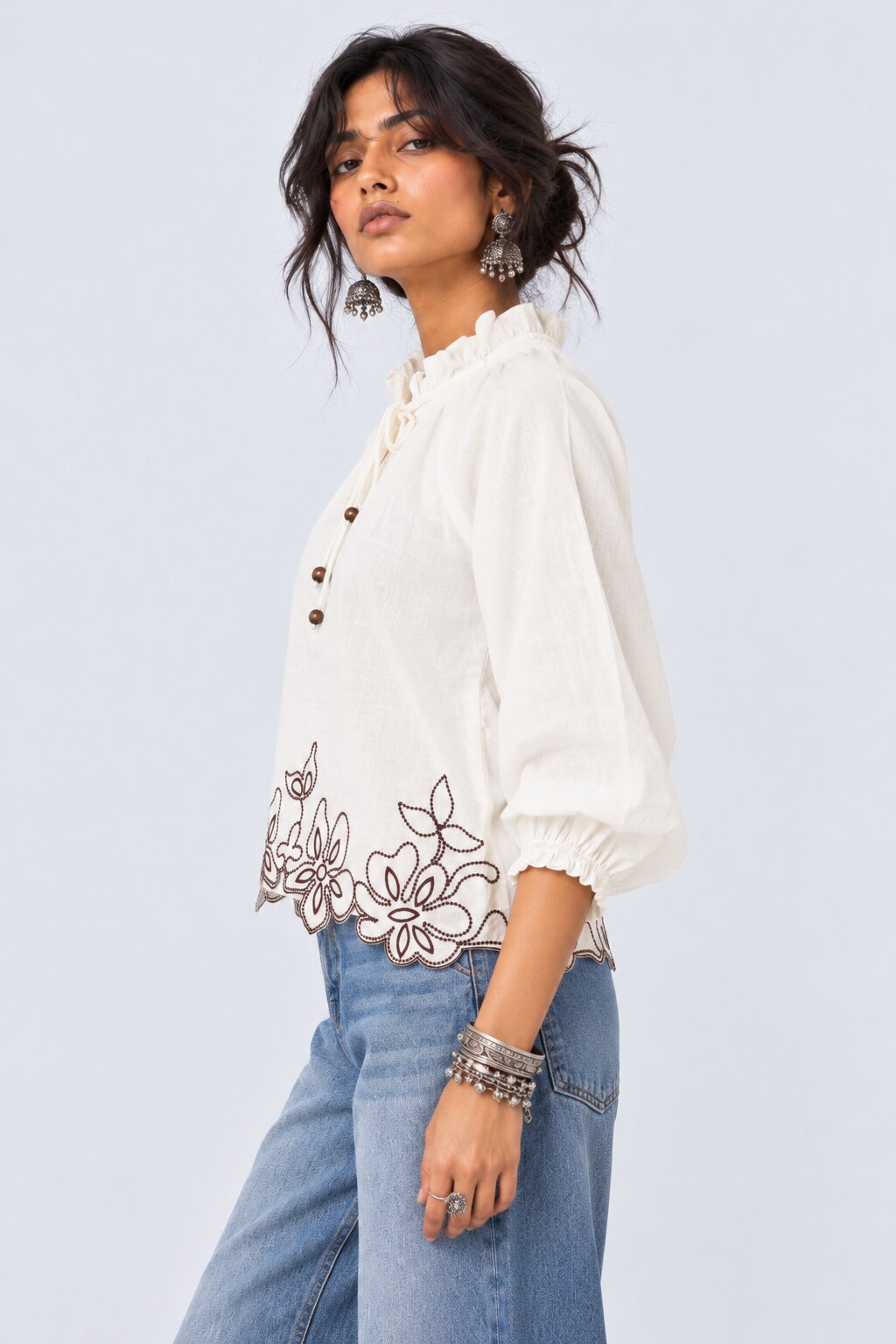 White Floral Embroidered Ruffle Neck Top - Image 4