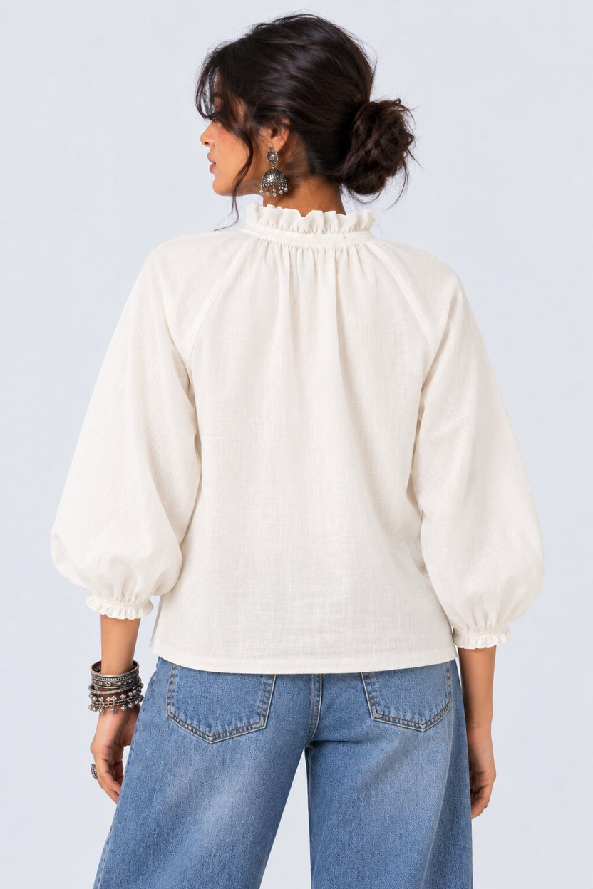 White Floral Embroidered Ruffle Neck Top - Image 5