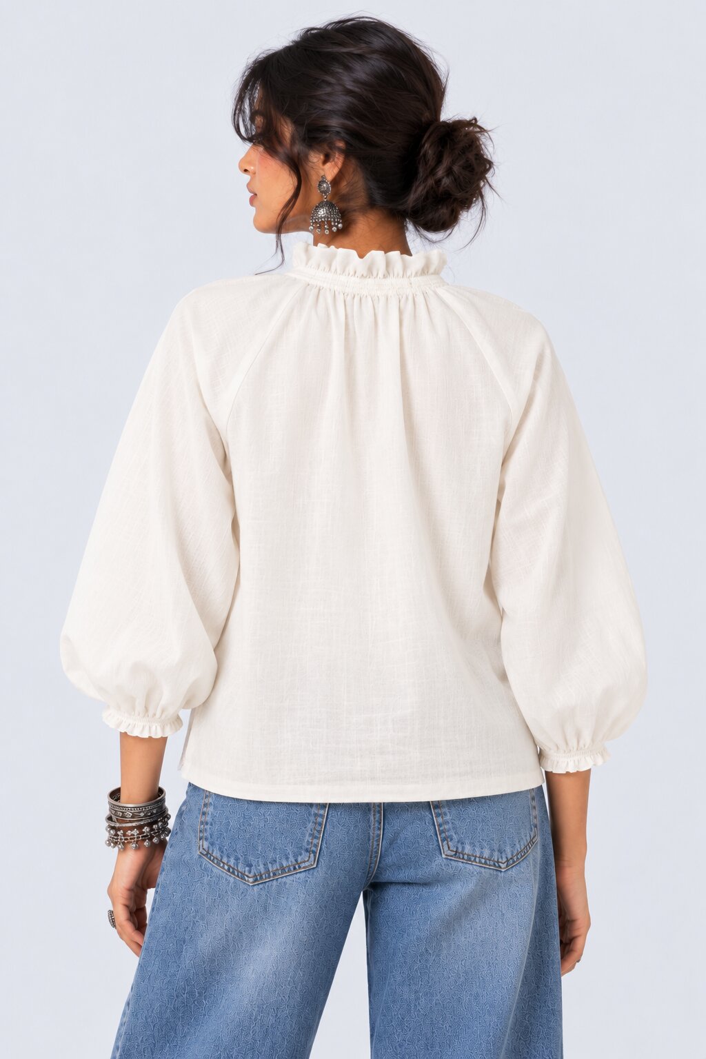 White Floral Embroidered Ruffle Neck Top - Image 5