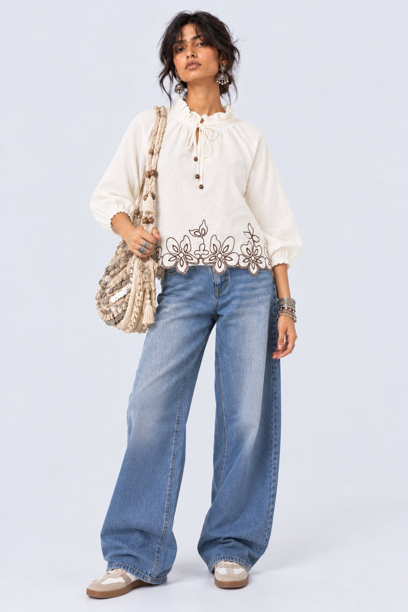 White Floral Embroidered Ruffle Neck Top - Image 6