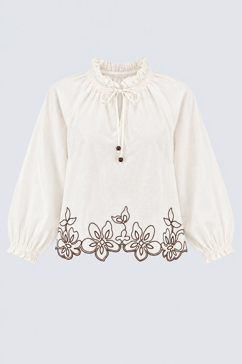 White Floral Embroidered Ruffle Neck Top - Image 7