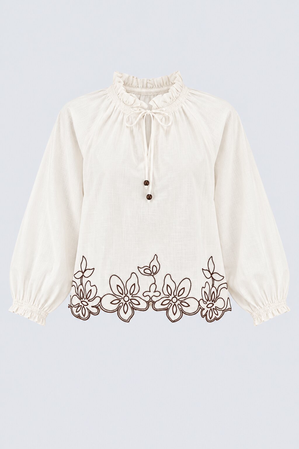 White Floral Embroidered Ruffle Neck Top - Image 7