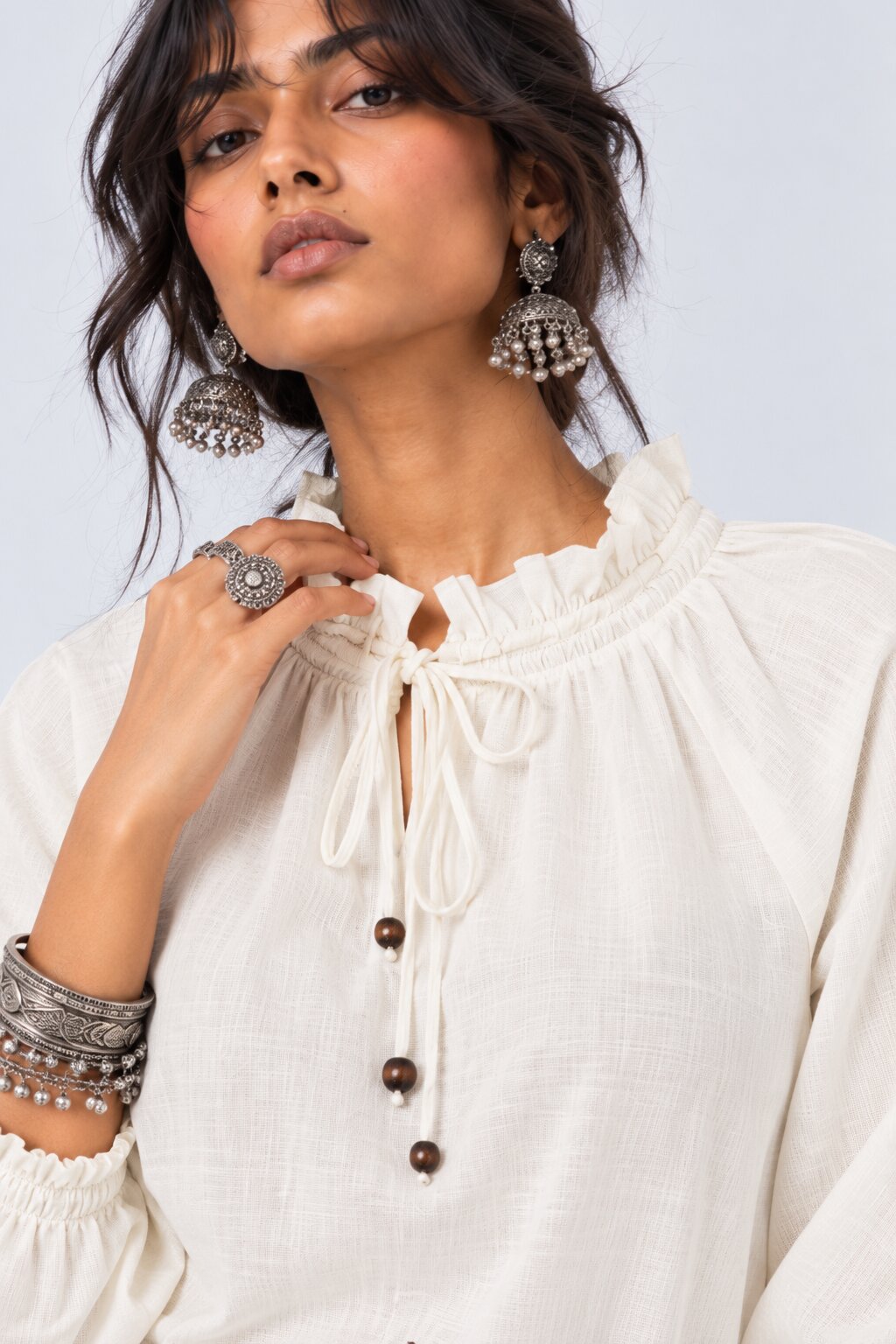White Floral Embroidered Ruffle Neck Top - Image 9