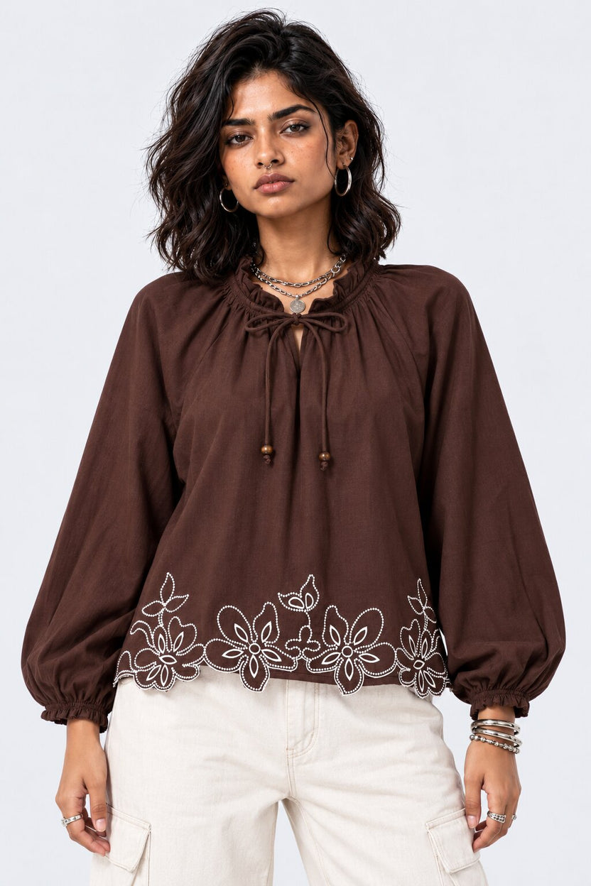 Brown Floral Embroidered Ruffle Neck Top - Image 1