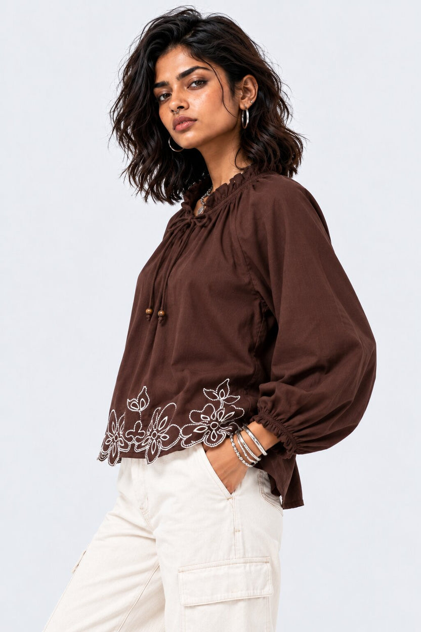 Brown Floral Embroidered Ruffle Neck Top - Image 2