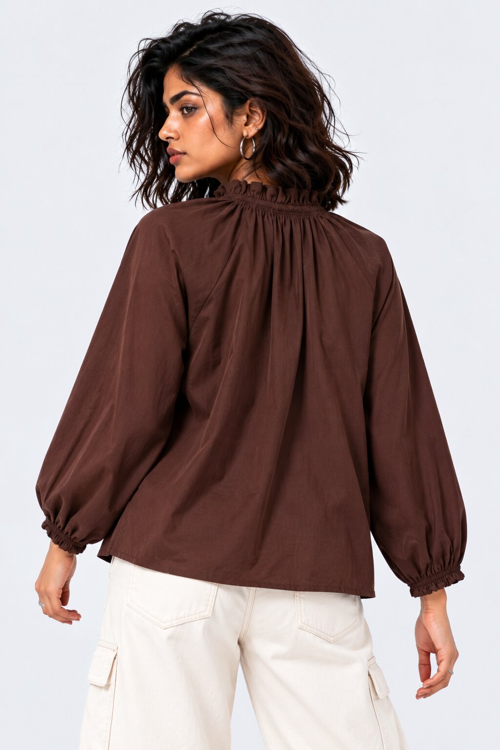 Brown Floral Embroidered Ruffle Neck Top - Image 4