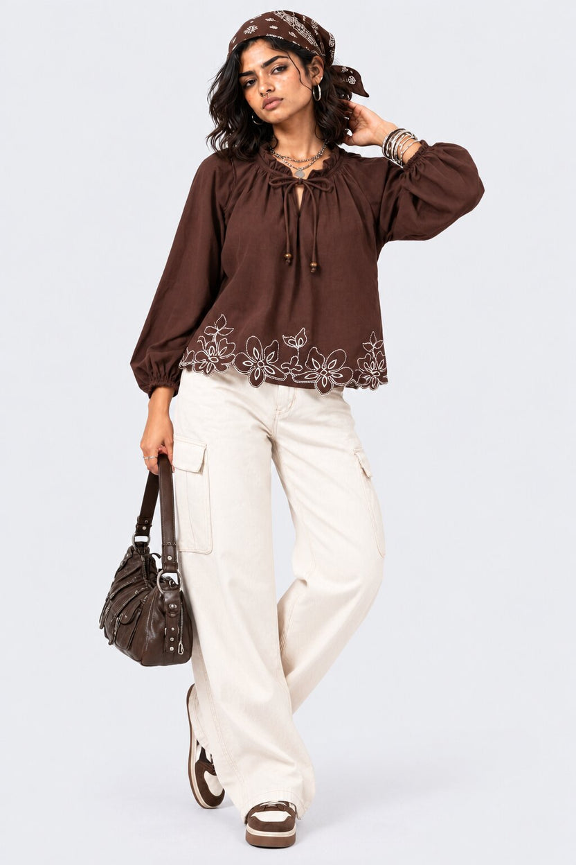Brown Floral Embroidered Ruffle Neck Top - Image 5