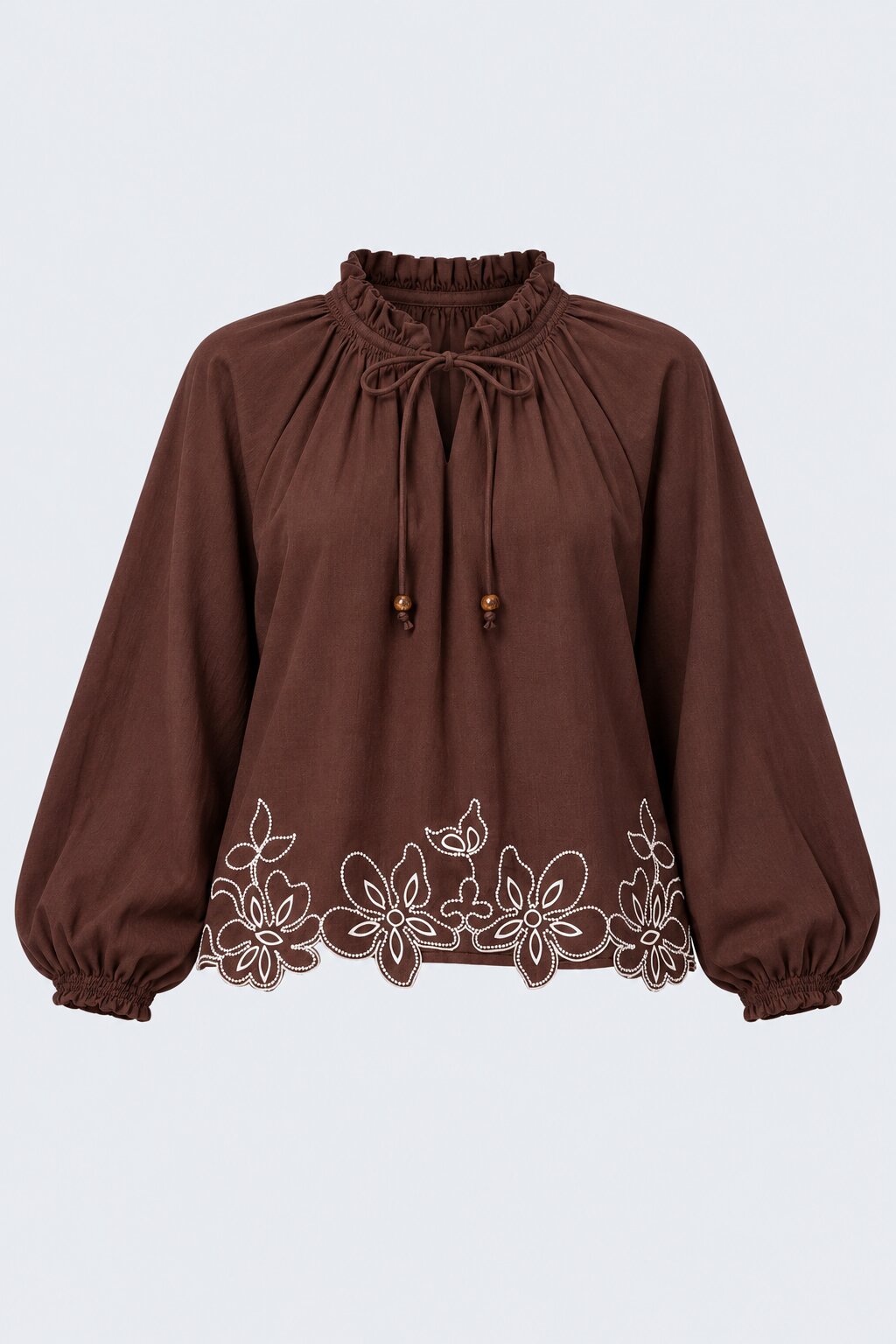 Brown Floral Embroidered Ruffle Neck Top - Image 6