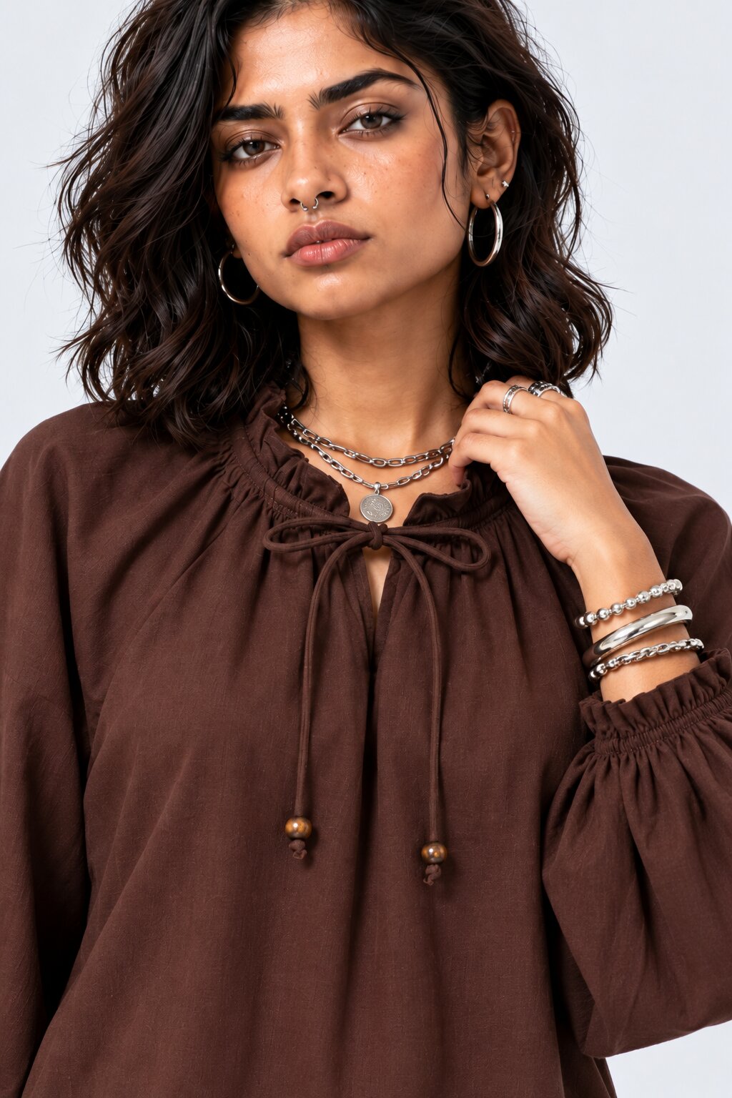 Brown Floral Embroidered Ruffle Neck Top - Image 8