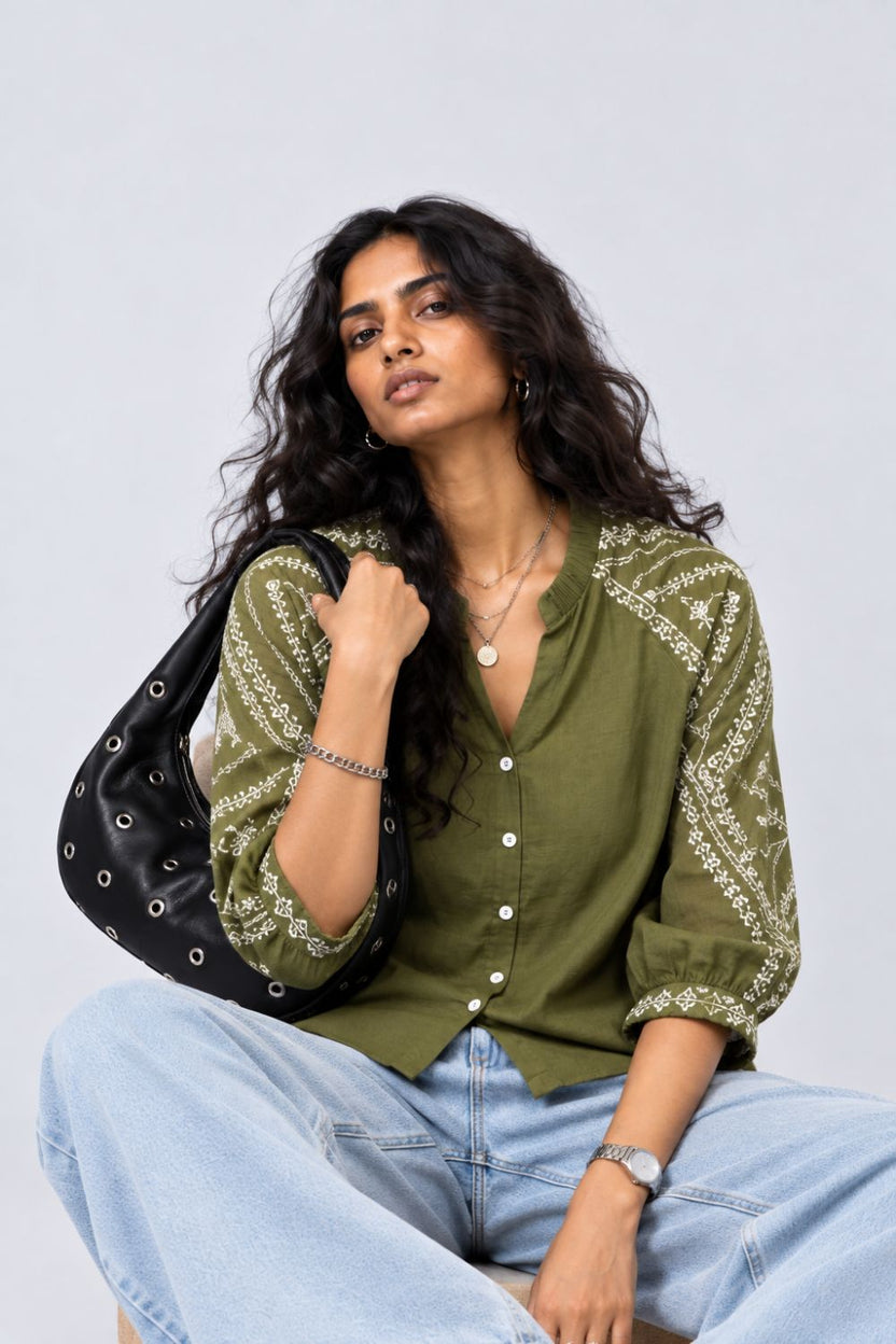 Womens Olive Embroidered Sleeve Button Front Top - Image 1