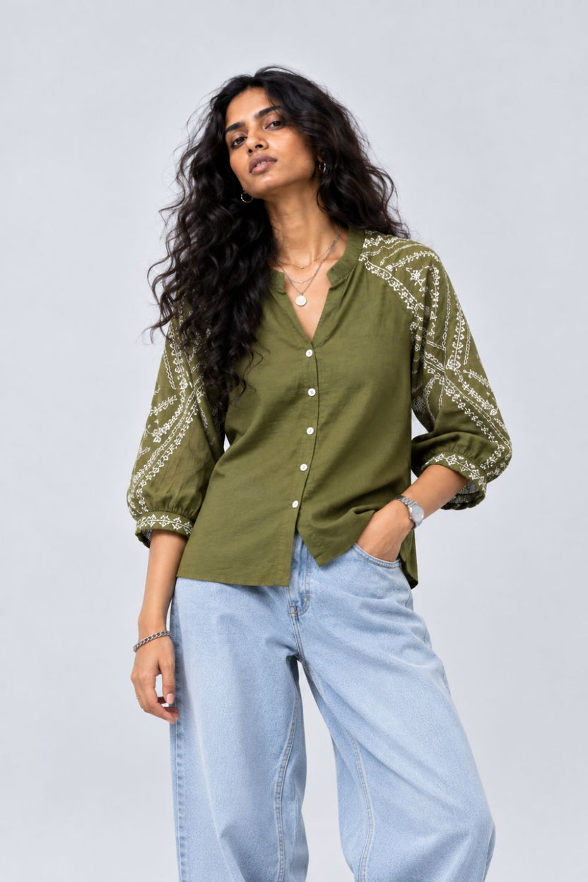 Womens Olive Embroidered Sleeve Button Front Top - Image 2