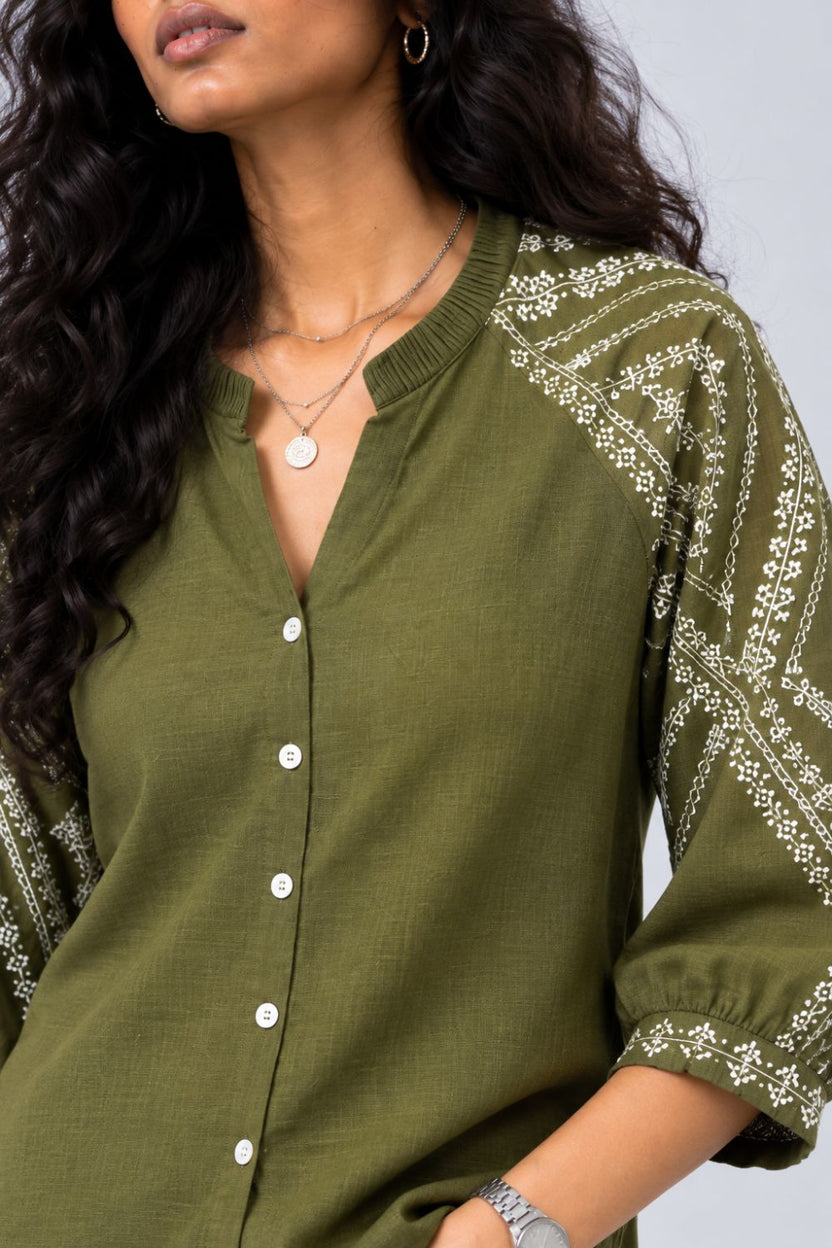 Womens Olive Embroidered Sleeve Button Front Top - Image 3