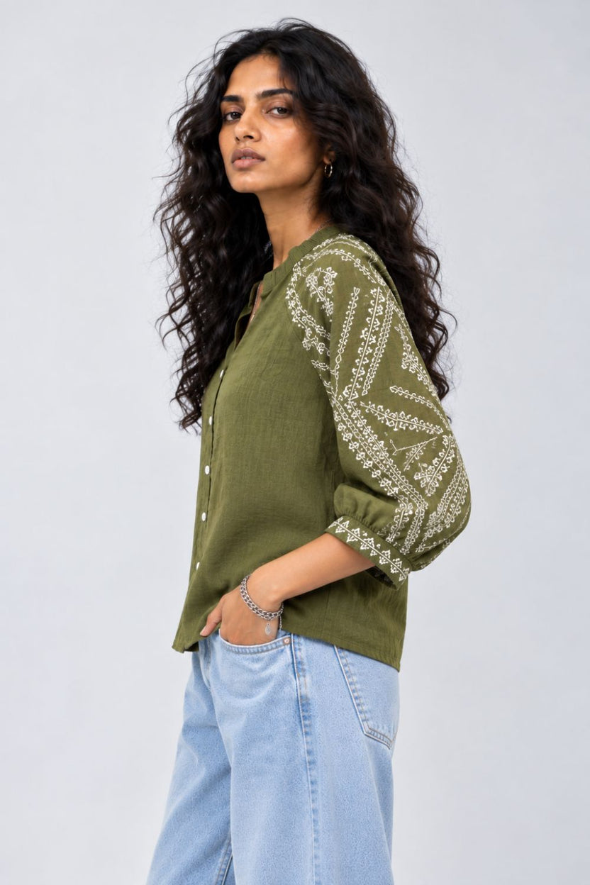 Womens Olive Embroidered Sleeve Button Front Top - Image 4