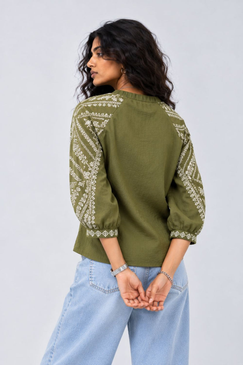 Womens Olive Embroidered Sleeve Button Front Top - Image 5