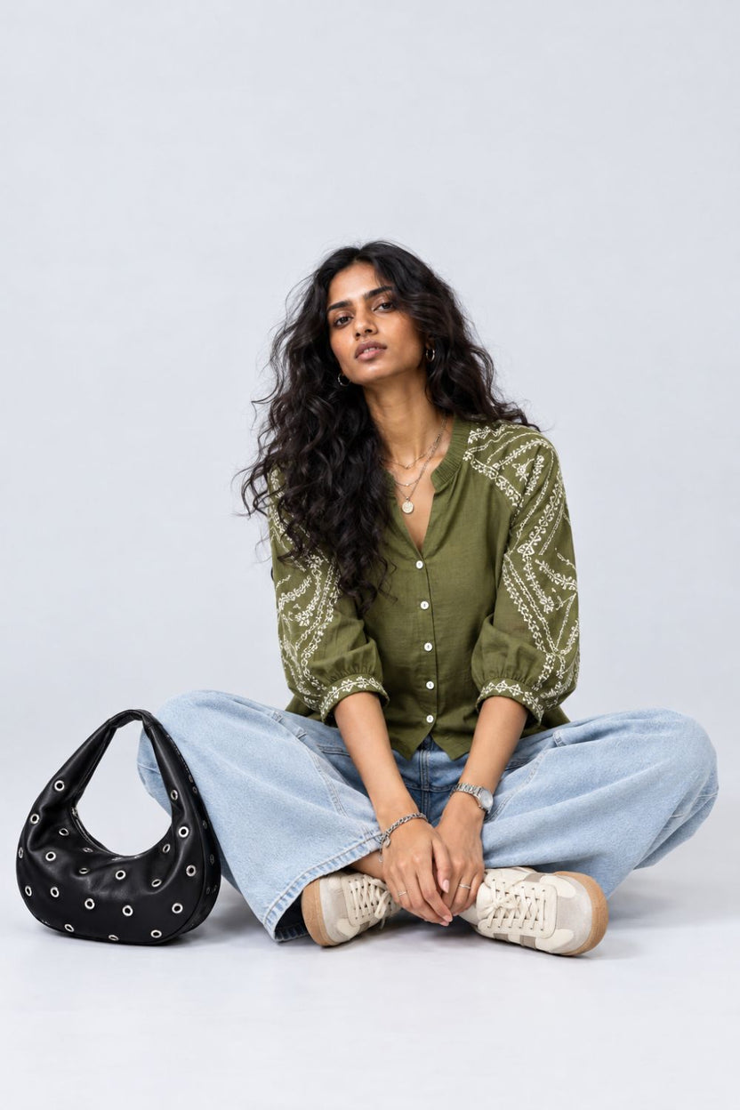 Womens Olive Embroidered Sleeve Button Front Top - Image 6