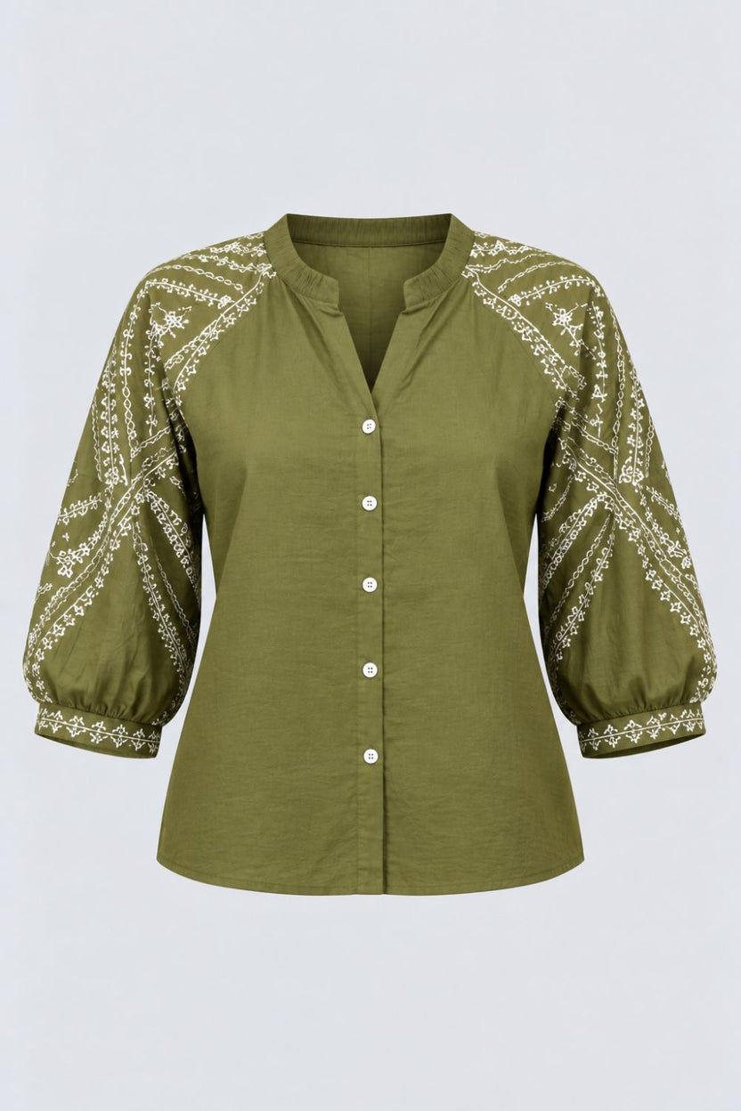 Womens Olive Embroidered Sleeve Button Front Top - Image 7