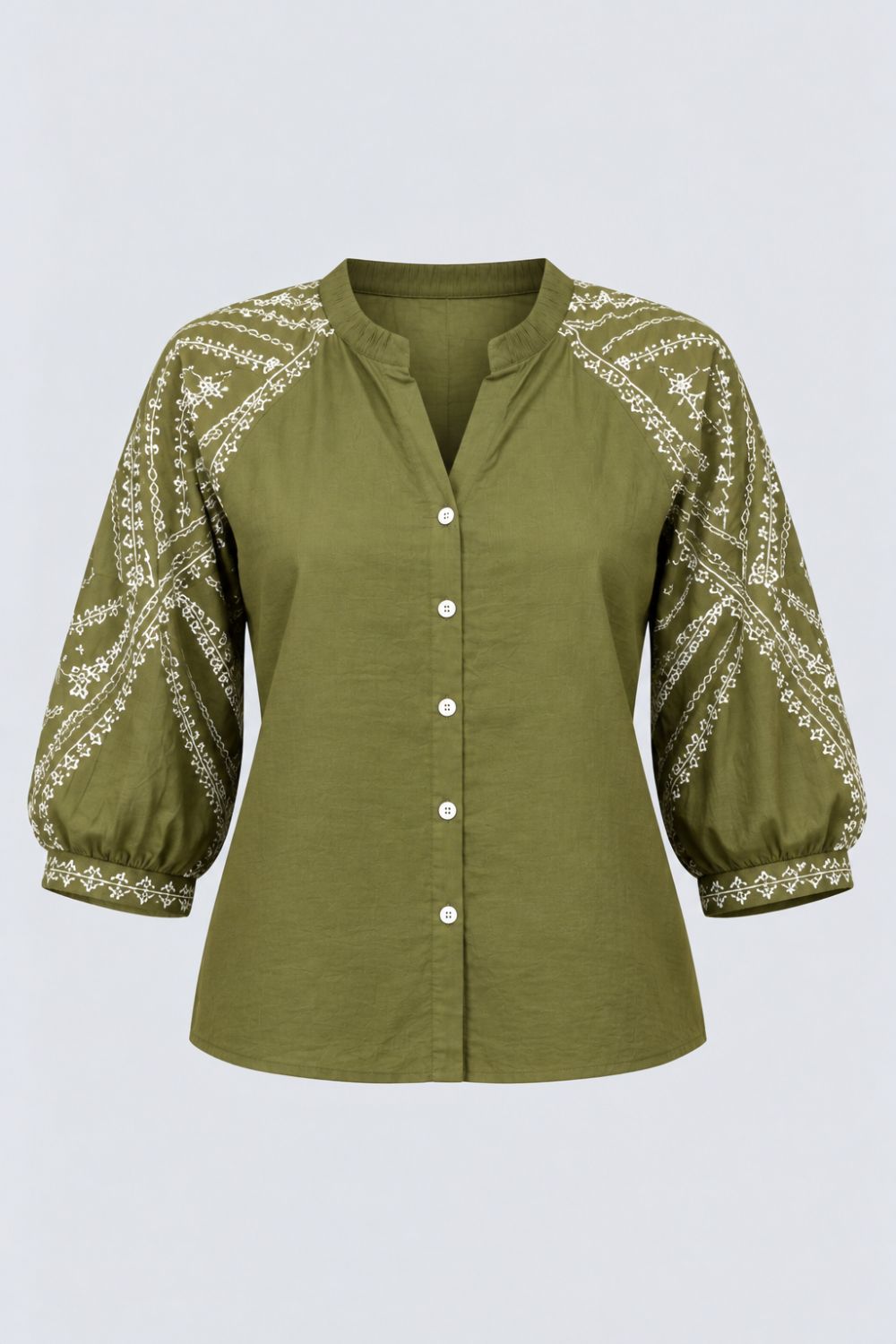 Womens Olive Embroidered Sleeve Button Front Top - Image 7